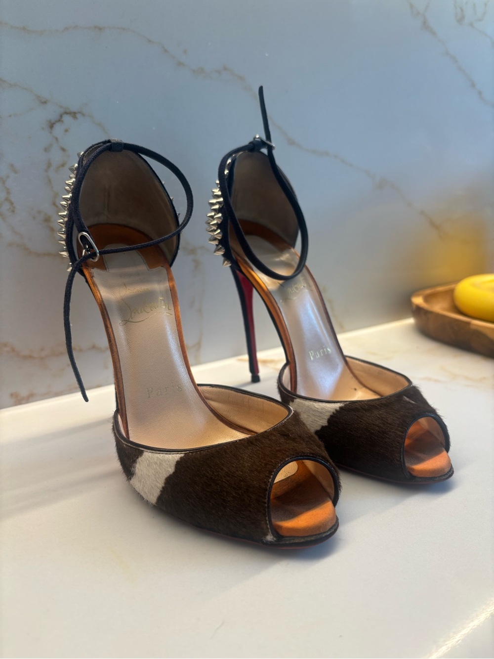 Christian Louboutin Peep-Toe Ankle-Strap Heels pony hair and spike details